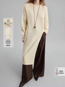 Ontre Vestido de Suéter Oversized de Gola Alta Macio e Confortável em Mistura de Malha com Fenda na Frente, Manga Longa Ajuste Relaxado, Acabamento Canelado, Versátil para Todas as Estações, Elegante Casual Urbano Negócios Transporte Moda Aeroporto de Alta Qualidade - Bege - Visão 1