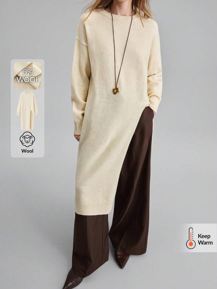 Ontre Vestido de Suéter Oversized de Gola Alta Macio e Confortável em Mistura de Malha com Fenda na Frente, Manga Longa Ajuste Relaxado, Acabamento Canelado, Versátil para Todas as Estações, Elegante Casual Urbano Negócios Transporte Moda Aeroporto de Alta Qualidade - Bege - Visão 1