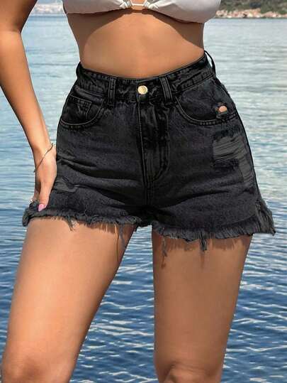 SHEIN PETITE 100%Cotton Black Label Detailed Short With Destroy Black Jean Shorts Women Jean Shorts Y2k Baggy Jean Shorts Curve Denim Shorts High Waist Denim Shorts
