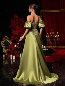 Glamrae This Elegant And Captivating Military Green Sequined Embroidered Dress Is Crafted From Luxurious Satin Fabric, Featuring A Strapless Design With Ruffled Puff Sleeves And A Flowing Fishtail Hem. Perfect For Dates, Parties, Bachelorette Parties, Formal Occasions, Weddings, And Elaborate Evening Gowns. - Army Green - View 4