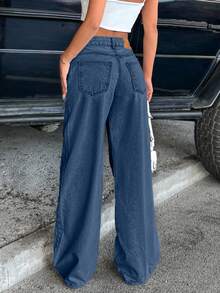 Women's Casual Washed Low Waist Wide Leg Jeans - Royal Blue - View 2