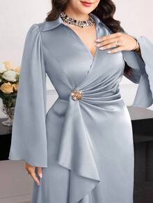 Modelyn Plus Size Elegant Party Solid Color Flare Sleeve Wrap Dress - Grey - View 1