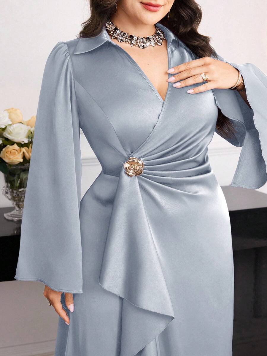 Modelyn Plus Size Elegant Party Solid Color Flare Sleeve Wrap Dress - Grey - View 1