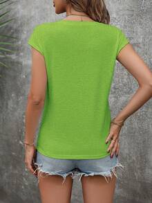 SHEIN LUNE Women's Solid Color Spaghetti Strap V-Neck Short Sleeve Blouse, Fashionable & Suitable For Summer - Green - View 2