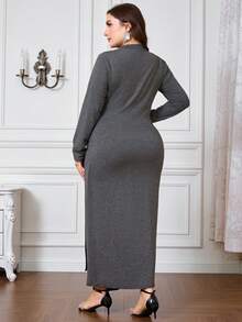 Modelyn Plus Size Women Elegant Fitted Knit Textured Tie Front Crew Neck Long Sleeve Dress, Autumn/Winter