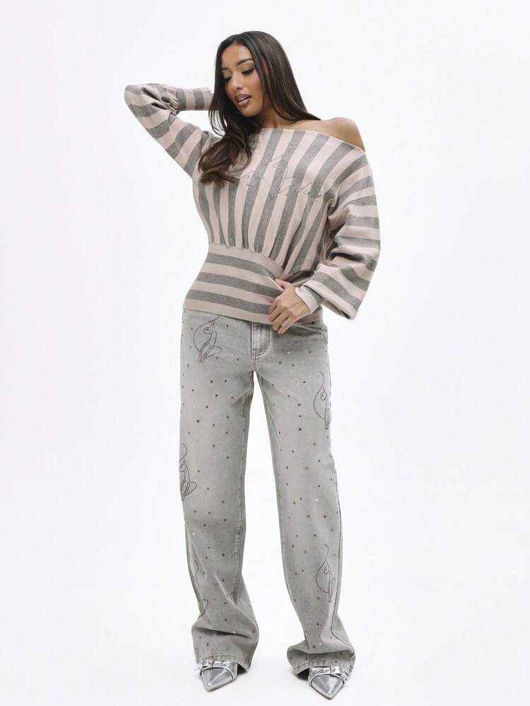BABYPHAT Asymmetrical Shoulder Striped Logo Knit Sweater Long Sleeve Relaxed Fit Pullover Winter Fall Casual Jumper