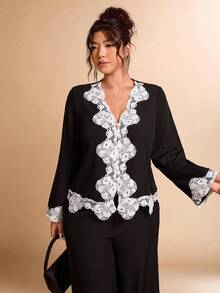Allurite Damen Outfit in Große Größen, 2-teilig, Kontrast-Rüschen-Patchwork-Hemd und Hose Set, französischer Lässig-Stil - Schwarz - Übersicht 7