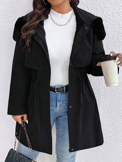 SHEIN Tall CURVE 加大码女式高腰连帽棉服外套，抽绳腰部设计，通勤百搭