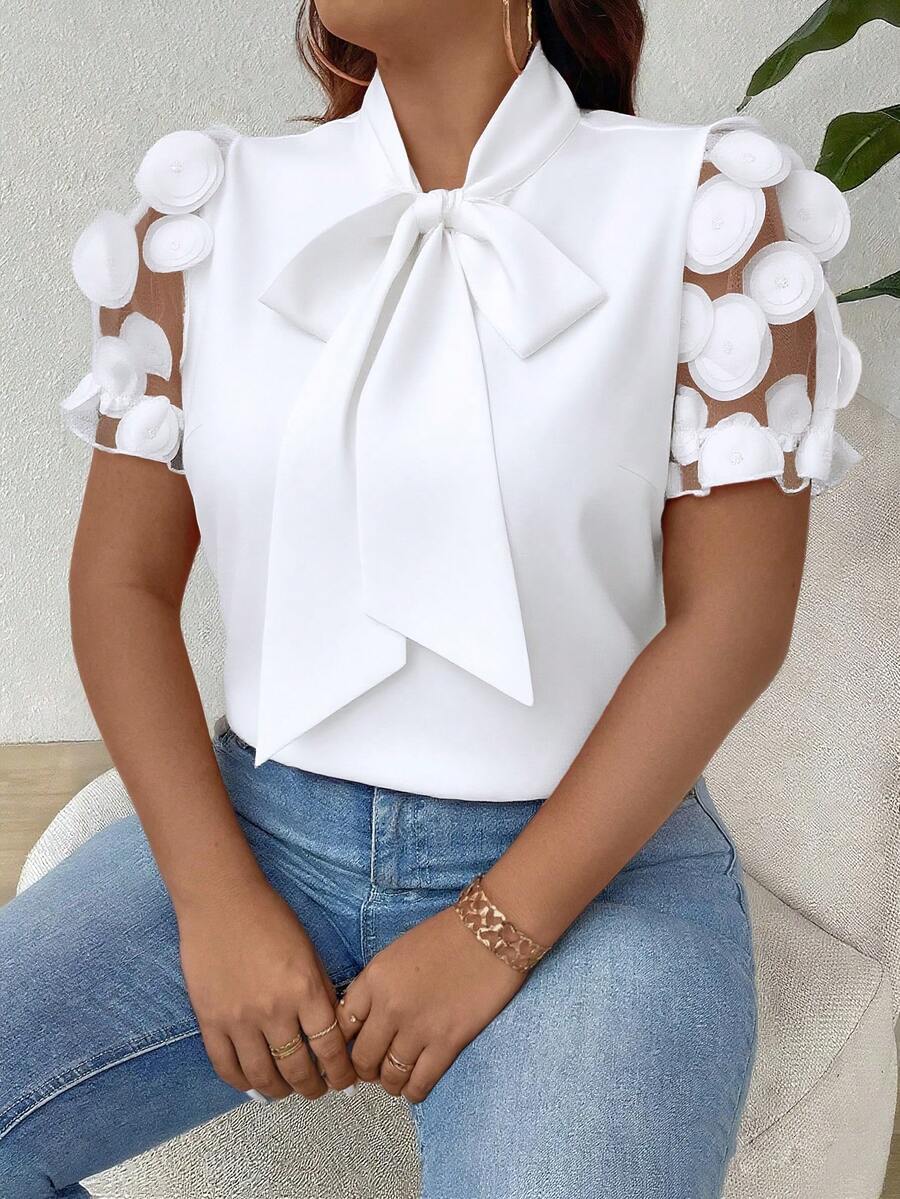 Rometta 大码女式优雅休闲袖拼接网眼衬衫 - 白色 - 查看 1