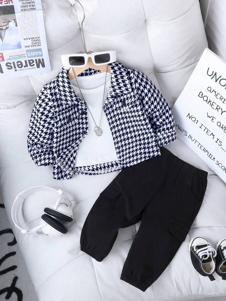 SHEIN Playful Pals 男婴休闲简约优雅千鸟格衬衫外套搭配黑色长裤，春秋季 - 藍色 - 查看 1