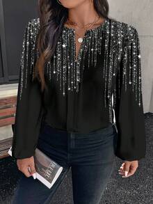 EMERY ROSE Camicia ampia e luccicante con scollo a V, adatta per l'autunno/inverno, taglie comode