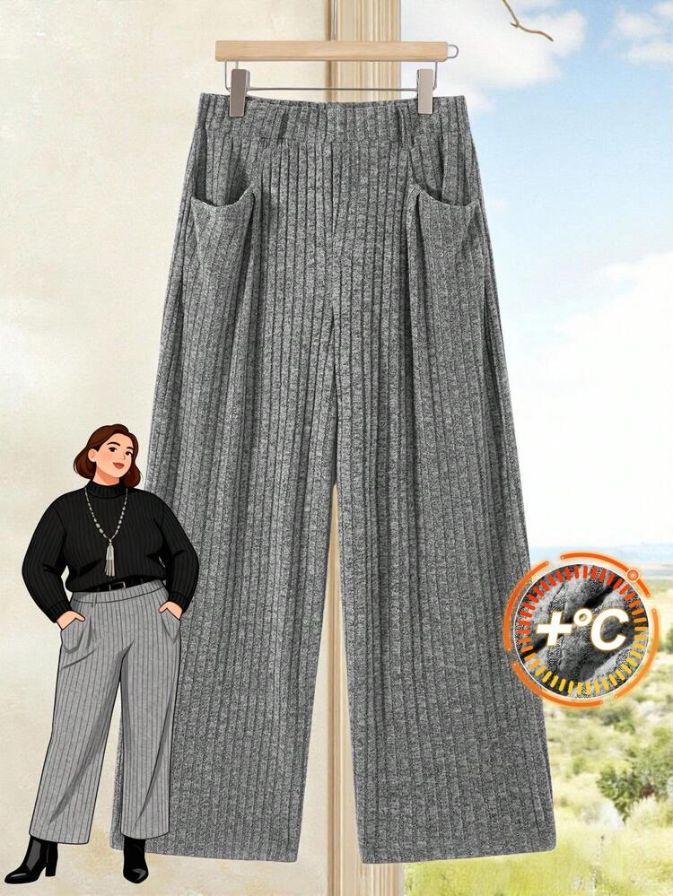 Plus Size Women's Solid Color Elastic Waist Ribbed Wide Leg Loose Casual Pants Gray Pants Winter For Women Country Style For Women Country Concert