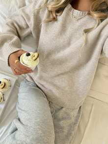 SHEIN Suéter casual de manga farol y corto para niñas adolescentes, suéter de unicolor de manga larga para niñas - Caqui - Ver 5