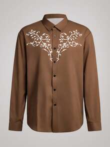 Officeau Men's Rugged Style Versatile Brown Shirt, Unlock The Charm Of A Western Cowboy, Men's Printed Long Sleeve Shirt, Fashionable And Stylish, Ignite The Street, Fall Old Money Men's Dress Shirt