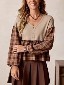 SHEIN LilyWest V-Neck Plaid Patchwork Long Sleeve Women Blouse - Brown - View 6