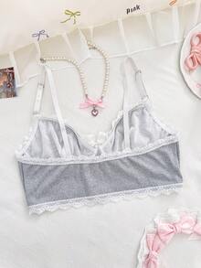 PetitDoll 蝴蝶结蕾丝拼接优雅舒适内衣 - 灰色 - 查看 7