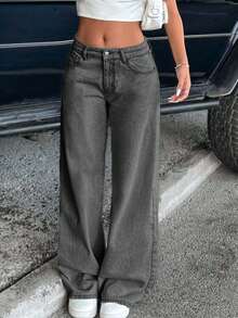 SHEIN Tall Quần jeans ống rộng cạp trễ có túi dành cho nữ, dáng rộng, dễ phối đồ - Màu xám đen - Xem 5