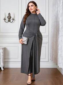 Modelyn Plus Size Women Elegant Fitted Knit Textured Tie Front Crew Neck Long Sleeve Dress, Autumn/Winter
