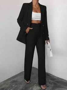 EURMUSE Women's Solid Color Lapel NeckLong Sleeve Jacket And Flared Pants Elegant Suit Set - Hitam - View 3