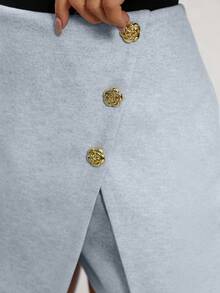 SHEIN Clasi 女士纯色纽扣装饰开衩下摆休闲迷你裙短裤 女士不对称裙裤 浅蓝色裙裤 纽扣细节裙裤 迷你裙裤 - 藍色 - 查看 5