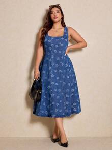 Elaquor Đầm denim cạp chun eo họa tiết hoa không tay cổ vuông thời trang cỡ lớn - Màu xanh lam - Xem 8