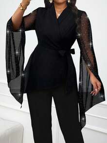 SHEIN Lady 加大码女式披肩领侧腰蝴蝶结水钻网眼开衩袖优雅西装外套 - 黑色 - 查看 3