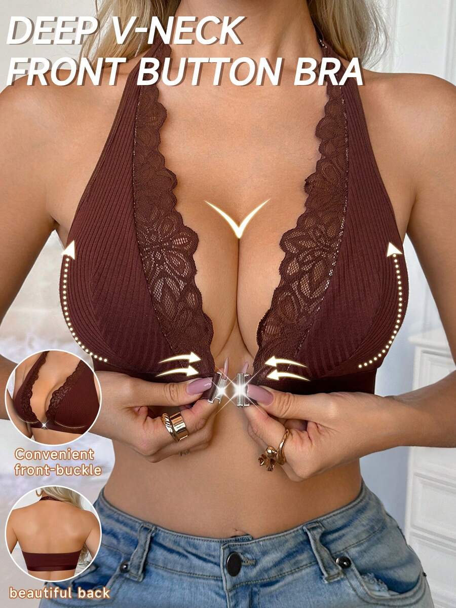 Elegant Sexy Front Closure Romantic Lace Patchwork Halter Bra - Coffee Brown - View 1