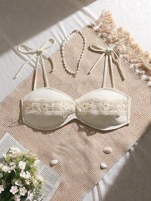 Swim Mod 女士水溶性蕾丝边饰度假优雅沙滩夏季2026奶油色系带露肩比基尼上衣 - 米色 - 查看 2
