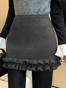 FRIFUL Women's Solid Gray Elastic Waist Fitted Ruffle Hem Knit Skirt, Versatile Autumn/Winter - Grey - View 6