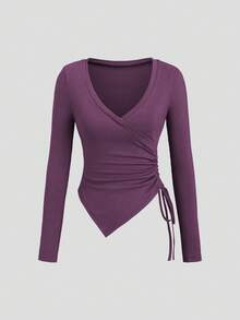 Sweetra Women's Asymmetrical Gray Top & Wide Leg Pants 2 Pieces Set, Spring/Summer Purple Two Piece Set Women Wide Leg Pants Set - Purple - View 3