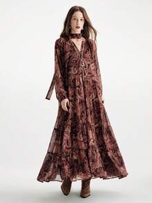 Aveloria Modichic Bohemian Vintage Cashew Blumen Muster Chiffon Taille Schleife V-Ausschnitt Langarm Kleid - Verschiedenfarbig - Übersicht 5