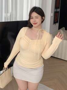 Dazy Plus Plus Size Women Solid Color Fitted Lace-Up Long Sleeve Cropped T-Shirt, Spring/Autumn - Apricot - View 4