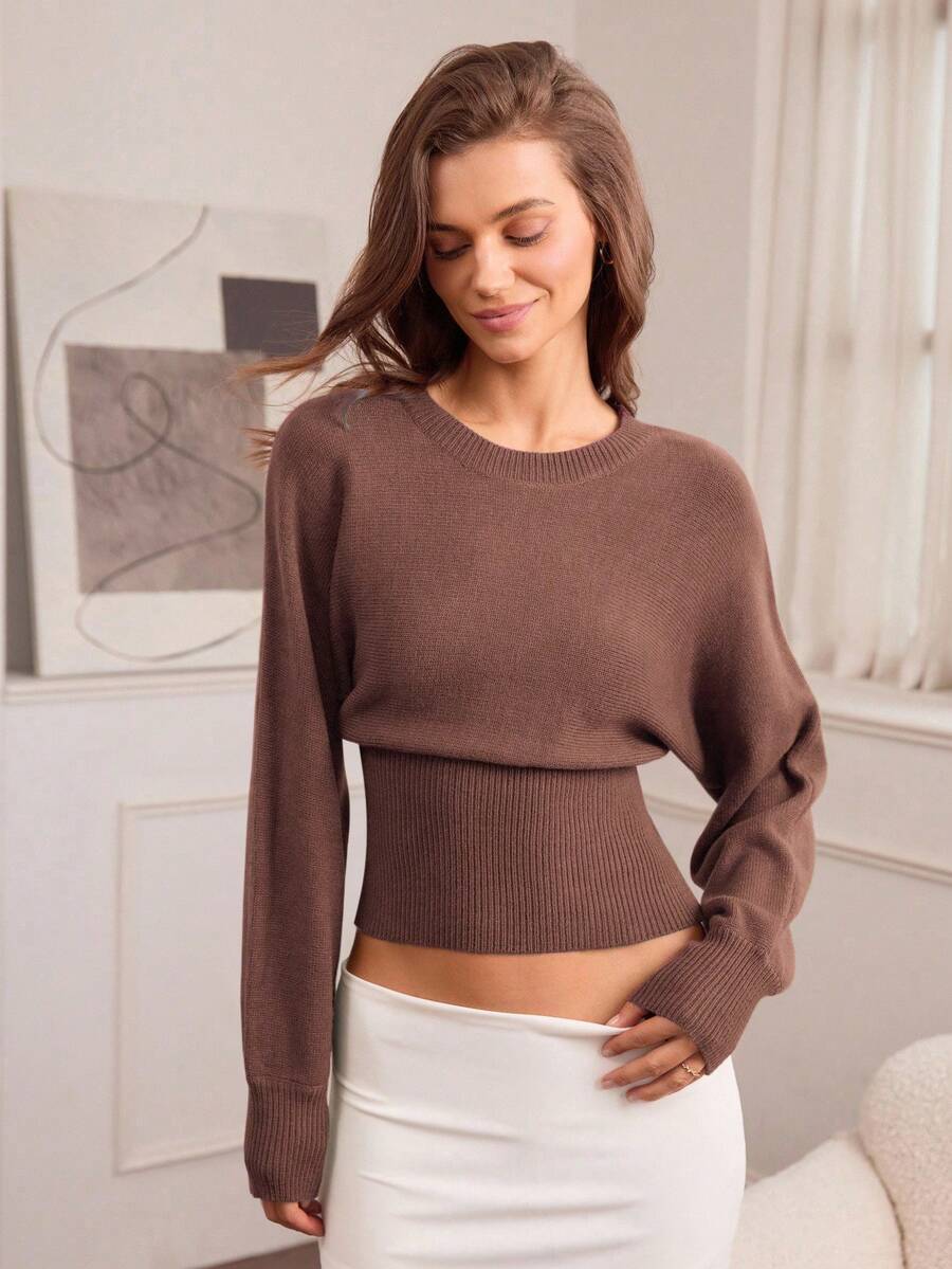 Hanevo Áo len dệt kim cổ tròn, eo rút dây, dáng ôm, màu trơn, đa năng cho mùa thu/đông - Màu nâu Mocha - Xem 1