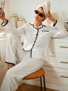 Doze Lane 女士撞色滚边翻领宽松长袖睡衣套装，秋季服装，冬季服装 - 彩色 - 查看 1