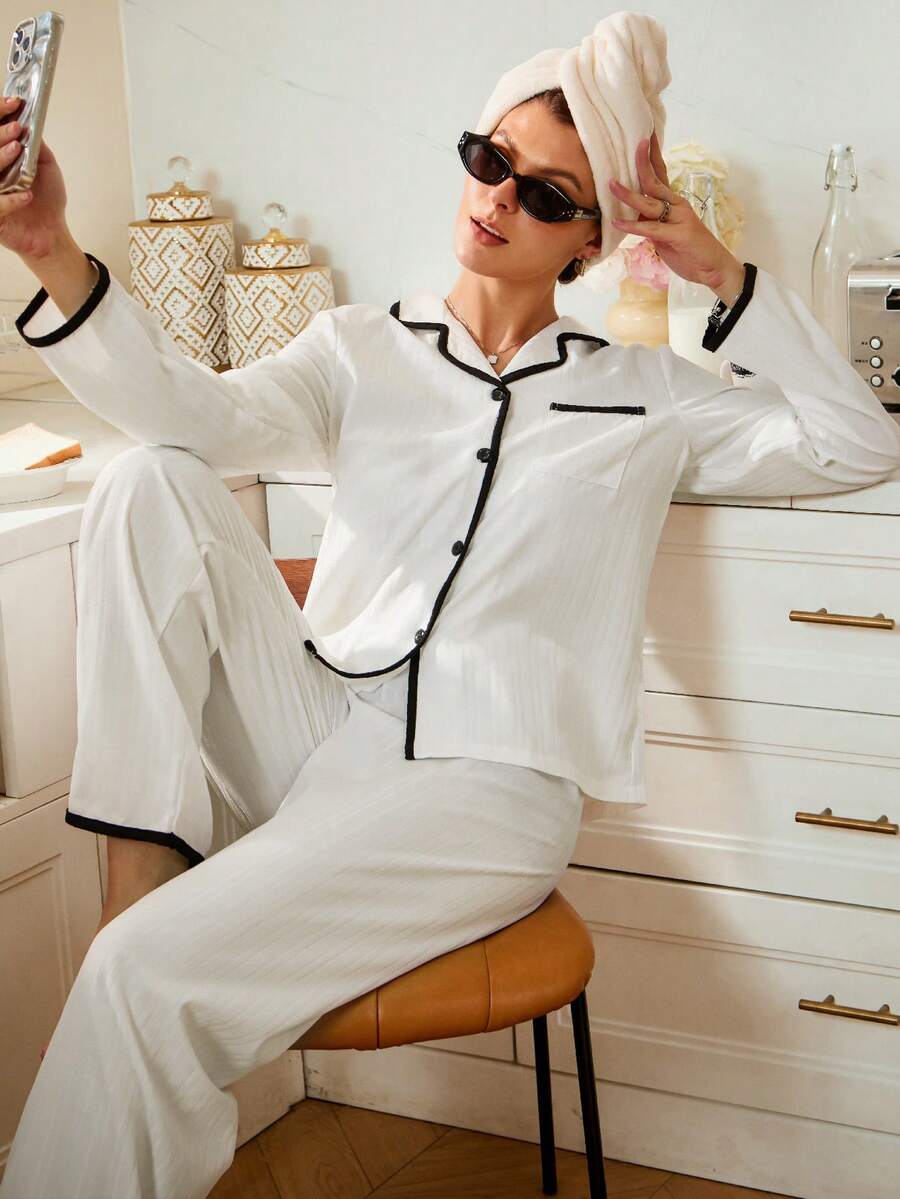 Doze Lane 女士撞色滚边翻领宽松长袖睡衣套装，秋季服装，冬季服装 - 彩色 - 查看 1