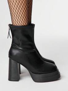 ROMWE Grunge Punk Casual Minimalist Back Zipper Chunky Heel Ankle Boots For Christmas - Black - View 4