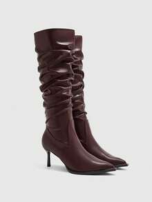 CUCCOO BIZCHIC 女士尖头褶皱过膝时尚高跟靴 - 棕色 - 查看 7