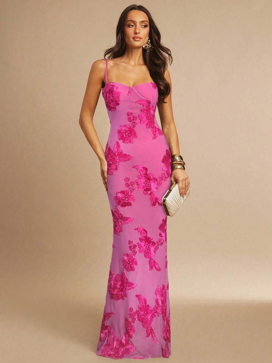 Silquee Vestido de mujer con cami de cola de pez, ajustado y con diseño floral 3D sexy