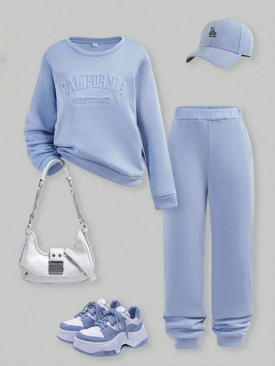 SHEIN Explorewe 2pcs/Set Teen Girls' Casual Commuting Versatile 3D Letter Print Sweatshirt And Sweatpants Set - Baby Blue - View 1