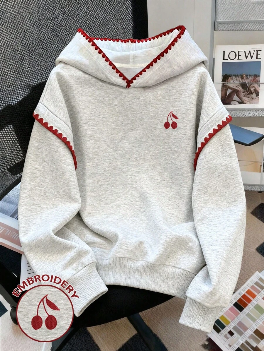 Resyla 女士外套上衣，樱桃图案设计，秋季夹克，秋冬款，灰色，提花狗牙刺绣设计，户外服饰，必备单品，休闲百搭时尚风格，街拍必备，100%吸睛，女士长袖连帽卫衣 - 灰色 - 查看 1