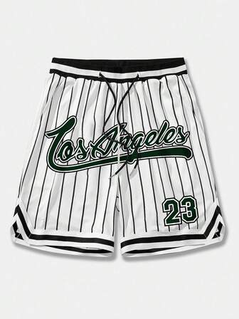 Men's Letter Preppy Striped Drawstring Waist Pockets Casual Loose Shorts