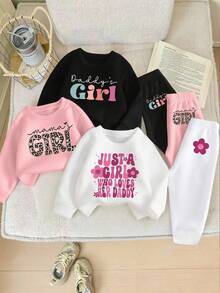 SHEIN Playful Pals 6件套舒适秋冬女童休闲时尚创意个性清新简约可爱卡哇伊爱心花朵星空豹纹印花套头卫衣和运动裤套装，舒适日常穿着 - 彩色 - 查看 1