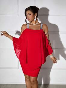 Femmeverse Plus Size Women's Red Romantic Valentine's Day Silver Camisole Patchwork Chiffon Sheer Bodycon Party Dress - Red - View 7