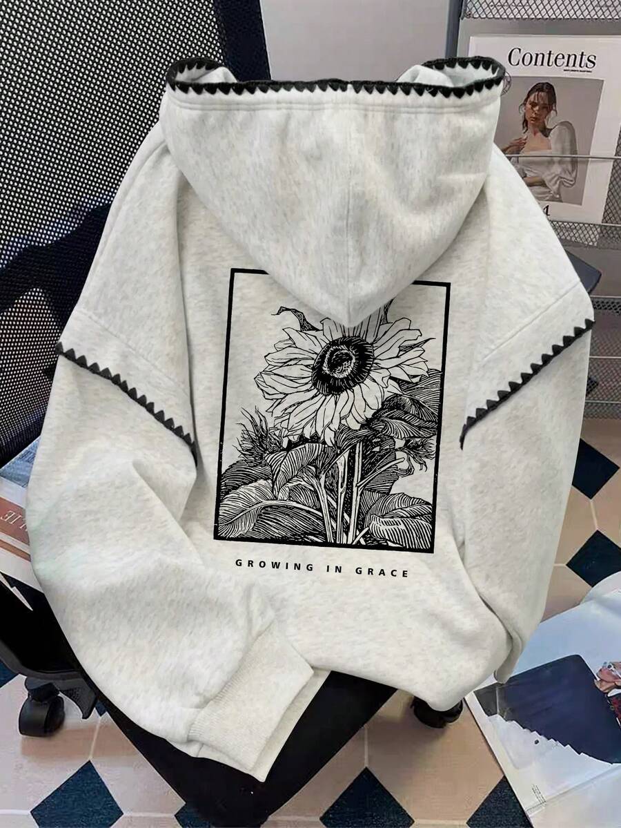 SHEIN 女士卫衣 / Growing In Grace / 休闲复古卫衣 / 菊花字母印花 / 休闲简约时尚卫衣 / 时尚上衣 / 趣味卫衣 / 秋冬宽松圆领长袖卫衣 / 女士春季套头衫，女士蕾丝连帽卫衣，长袖上衣，开学秋冬连帽衫 - 灰色 - 查看 1