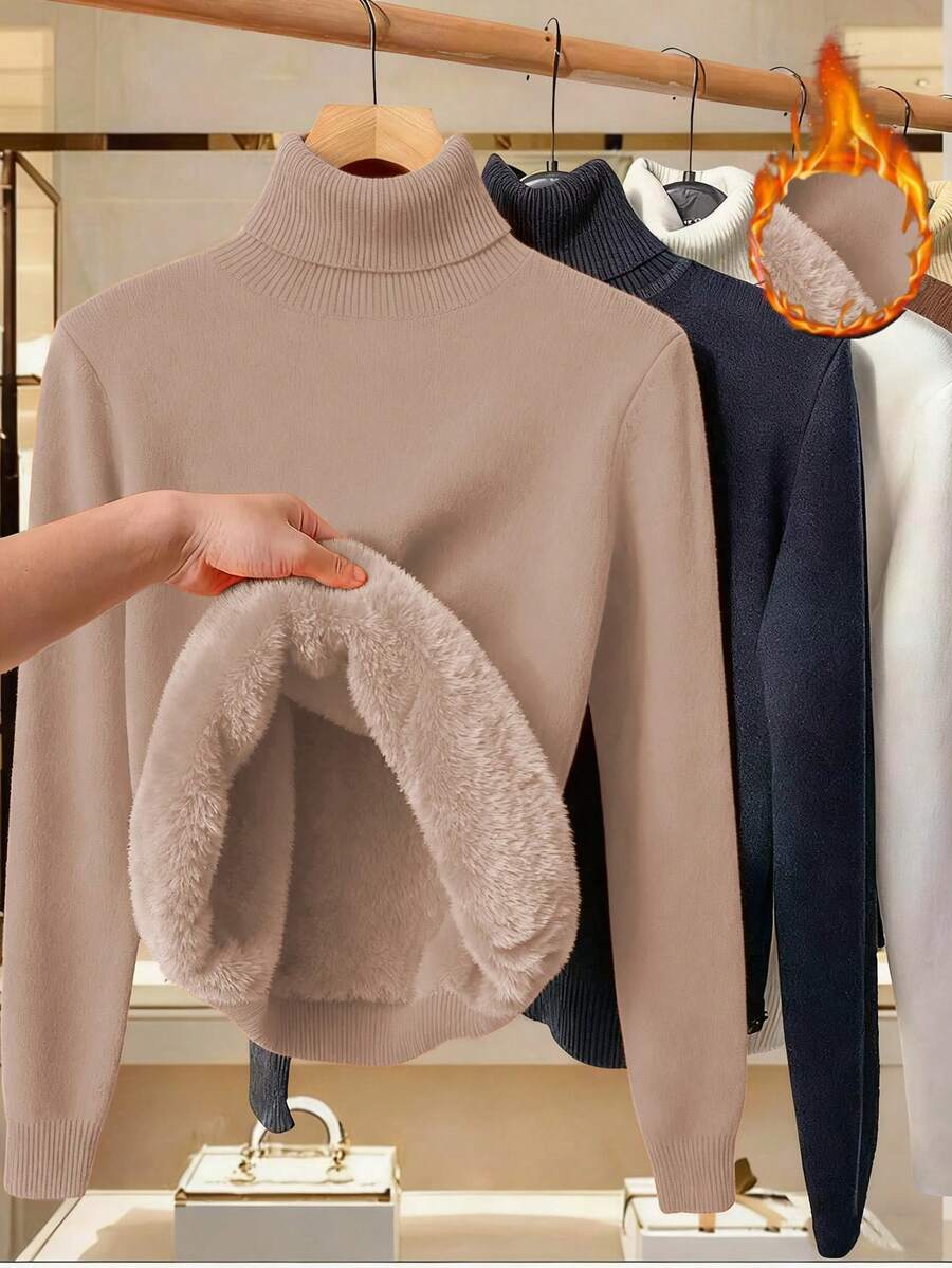 SHEIN LUNE Plus Size Solid Color Turtleneck Sweater, Casual Autumn/Winter - Khaki - View 1