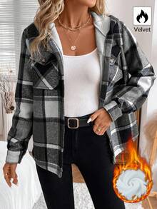 SHEIN LUNE 女士休闲格子毛绒内衬宽松连帽常规外套，秋冬款 - 灰色 - 查看 3