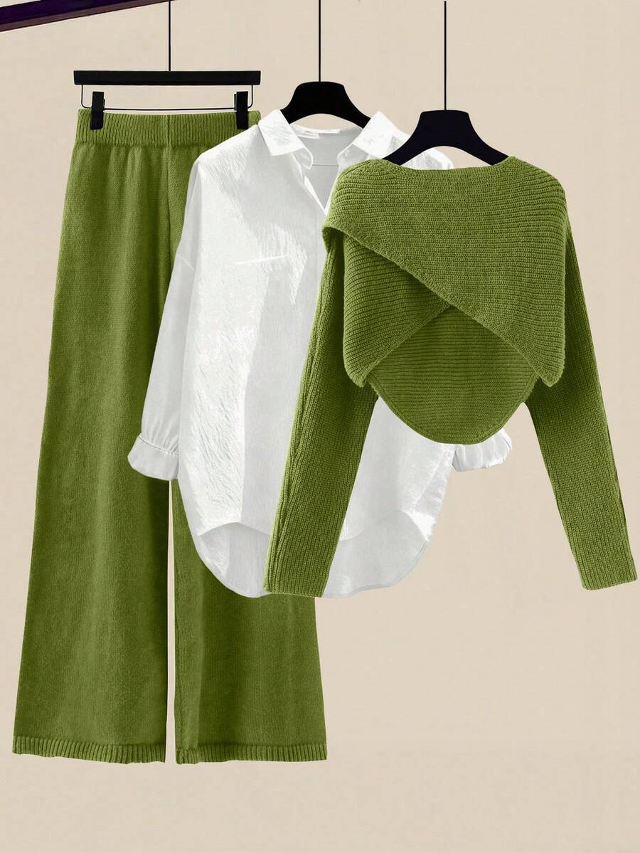 GlowEve Women's Casual Solid Color Sweater & Pants 2 Pieces Set - Dark Green - View 1