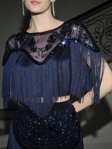 Anewsta 女士时尚新款热销重工串珠拼接流苏优雅派对晚礼服 - 藏蓝色 - 查看 6