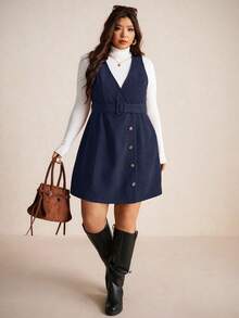 Elaquor Autumn Casual College Style Corduroy Fabric Removable Waistband Pockets Vintage Dress Plus Size Women Overall Brown Fall Dress,Winter Clothes - Navy Blue - View 1