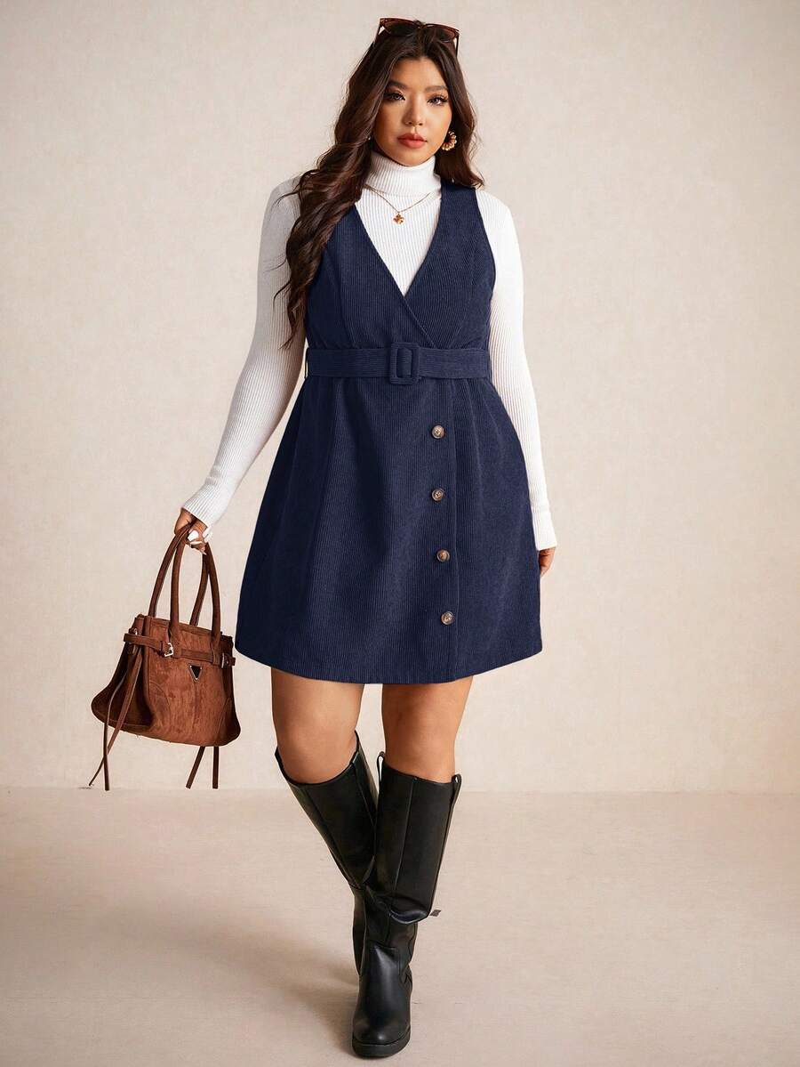 Elaquor Autumn Casual College Style Corduroy Fabric Removable Waistband Pockets Vintage Dress Plus Size Women Overall Brown Fall Dress,Winter Clothes - Navy Blue - View 1